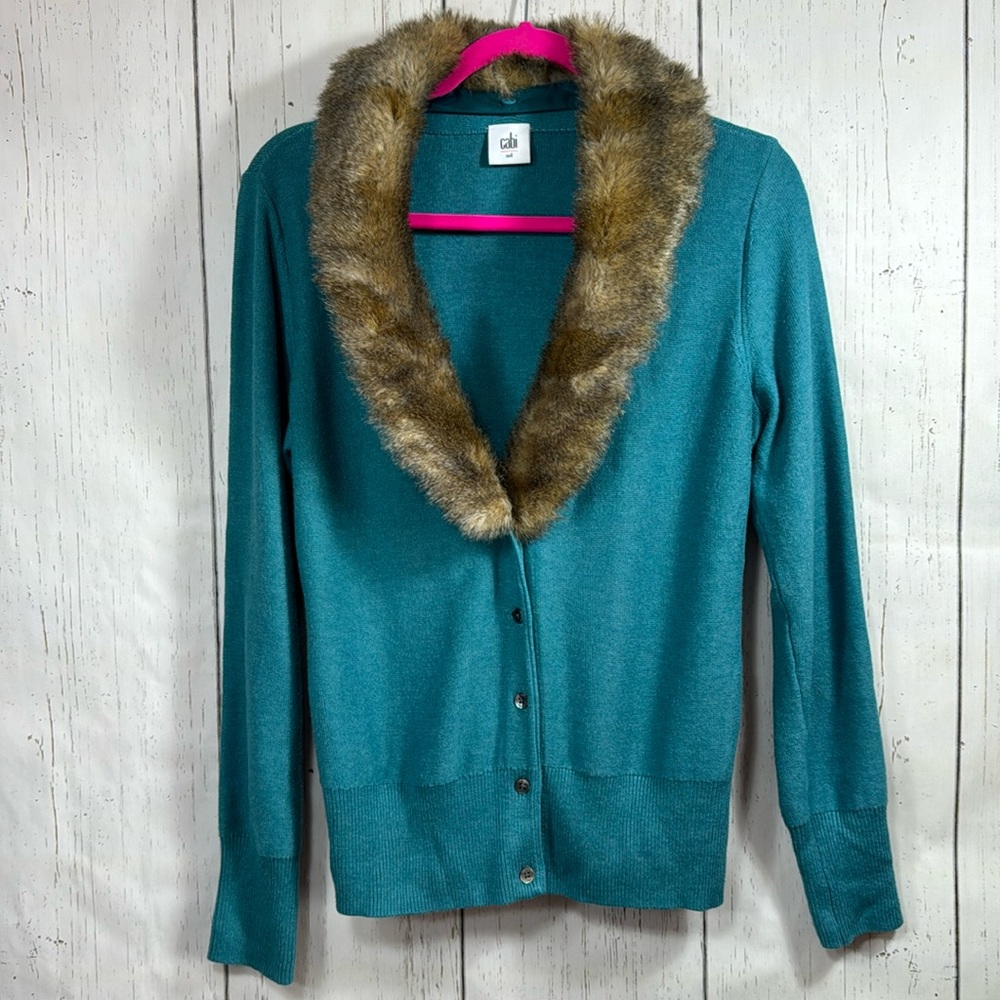 CAbi Womens Teal Tearoom Button Front With Detachable Faux Fur Sweater Cardigan